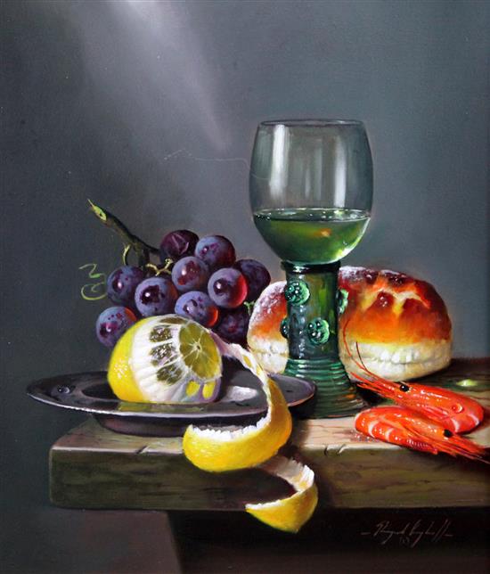 Raymond Campbell (20th C.) Still life with röemer and prawns, 13.5 x 11.5in.